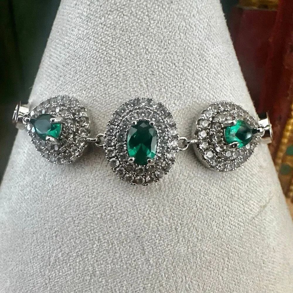 Silver-Tone Green Glass & Rhinestone Statement Bracelet